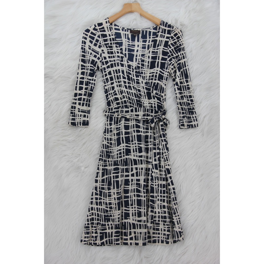 Pure Collection Faux Wrap Dress 4 Blue White Silk Short 3/4 Sleeve Stretch #825